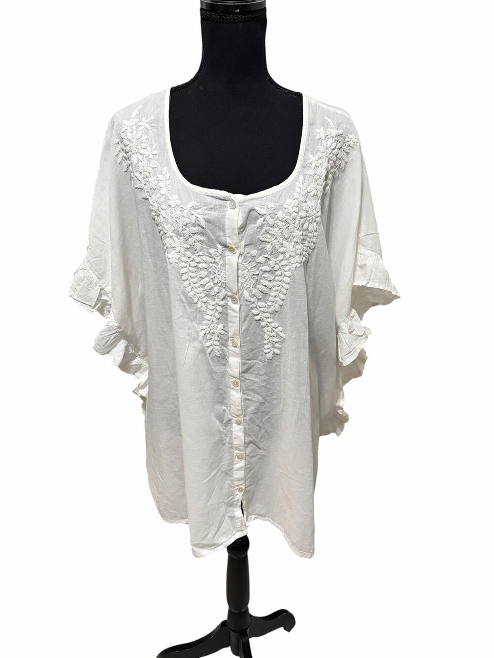Natural Life White Embroidered Cotton Boho Tunic Top OS One Size Flutter Sleeve